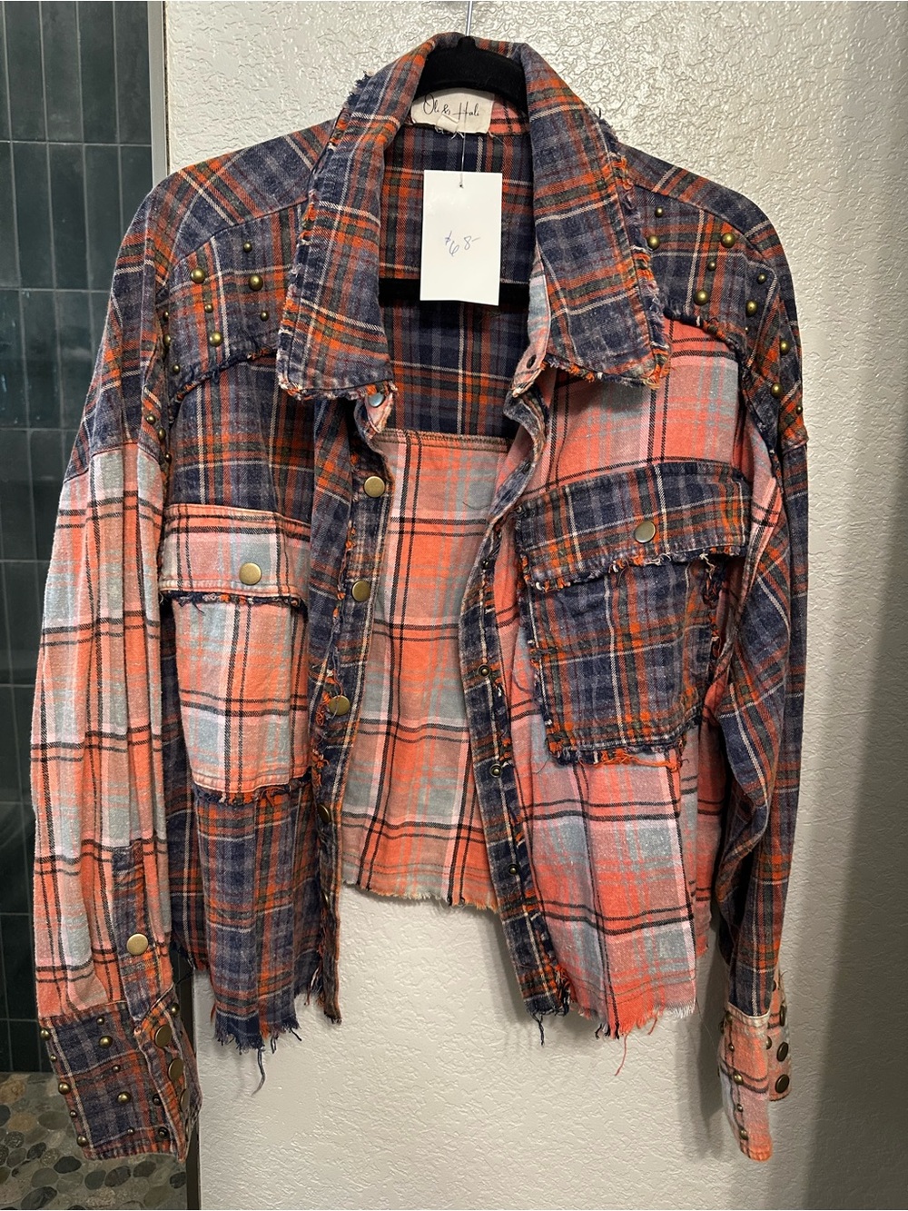 OLI & HALI Distressed Plaid Crop Jacket - Coral & Navy